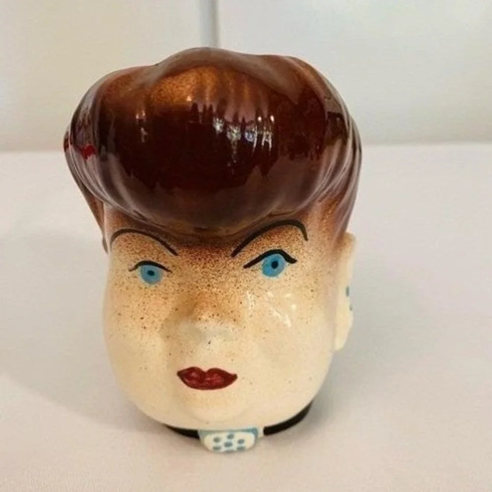 Vintage Ceramic Head Vase Mid Century Lady Brown Bouffant Hair 4.375in MCM 50s